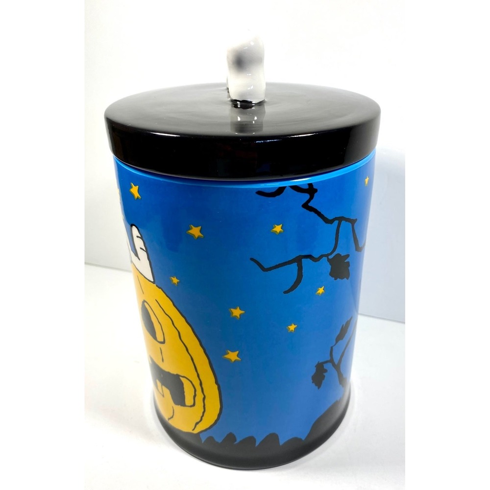 Peanuts Snoopy Halloween Ceramic Cookie Jar Canister Fall Pumpkin Blue Bone Lid - Picture 3 of 12
